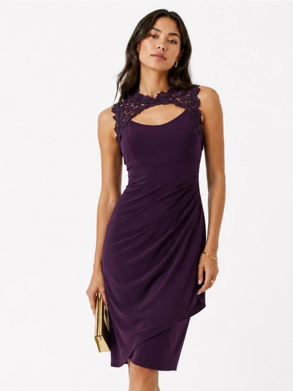 XSCAPE Sleeveless Purple Lace-Yoke Draped Sheath Dress